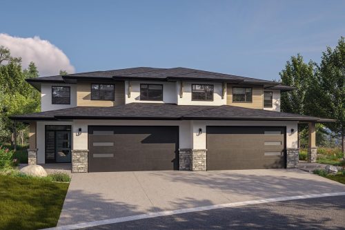 2-Storey Silver Tip Homes in Antler Heights, Wilden Kelowna – light exterior design with modern architecture on the hillside.