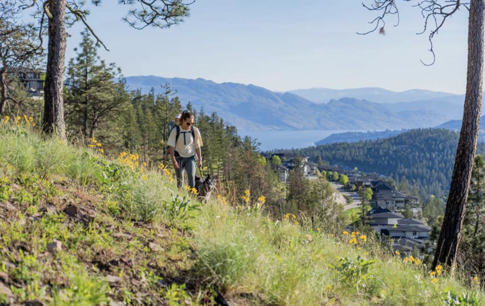 woman, dog and baby hiking hillside in Kelowna BC
